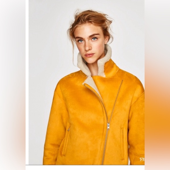 Zara Jackets & Blazers - Zara trendy sherpa mustard yellow biker jacket hard to find
